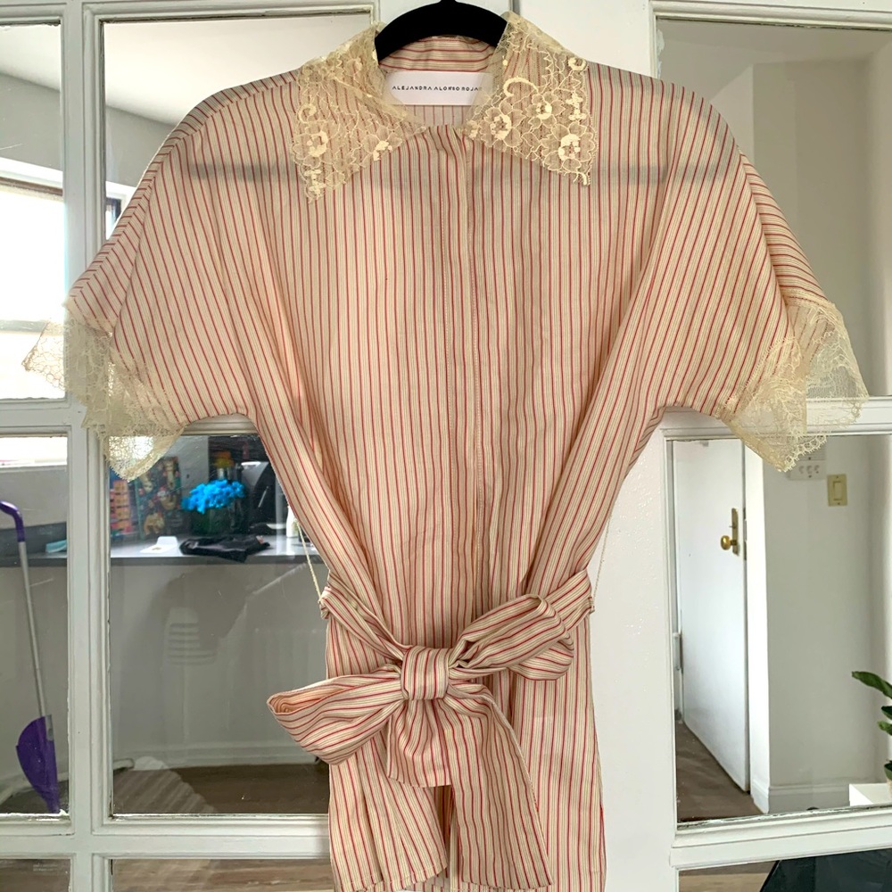 Alejandra Alonso Rojas Striped Laced Detail Tie Top size 2